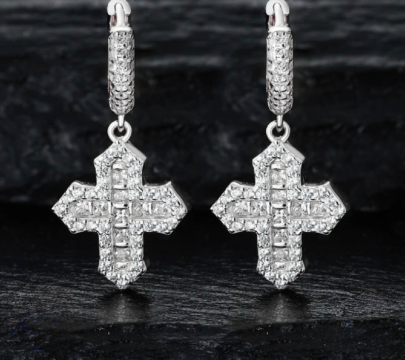 Moissanite VVS1 925 Silver Iced Cross Drop Earrings