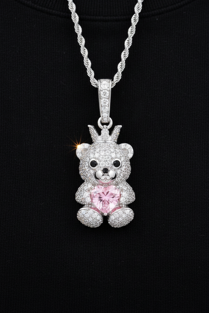 Moissanite VVS1 925 Silver Crown Teddy Bear Pendant
