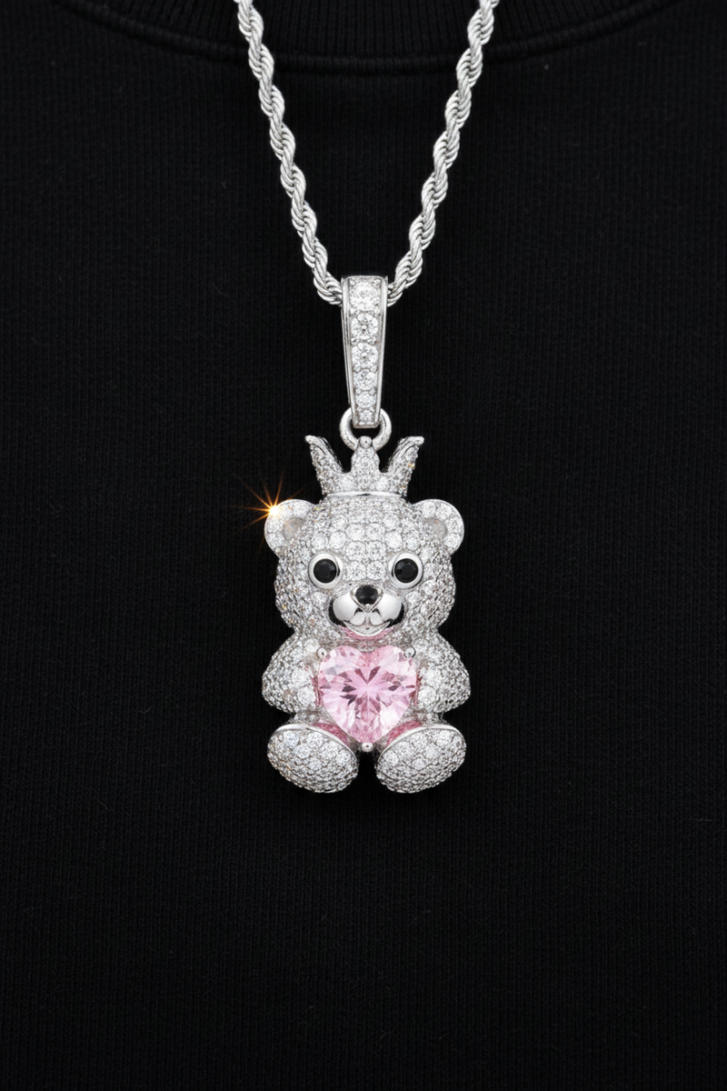 Moissanite VVS1 925 Silver Crown Teddy Bear Pendant