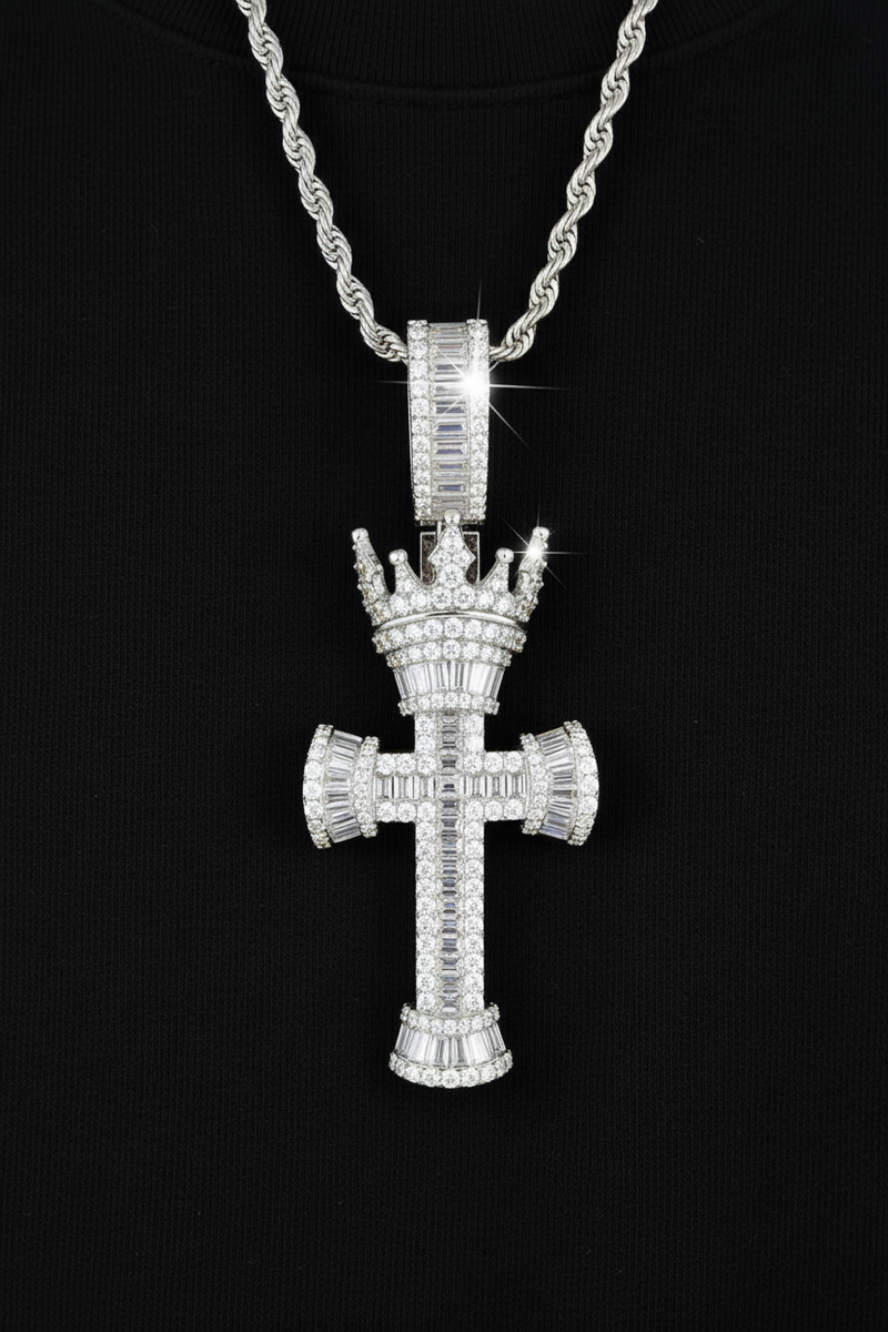 Moissanite VVS1 925 Silver Iced Baguette Crown Cross Pendant Necklace