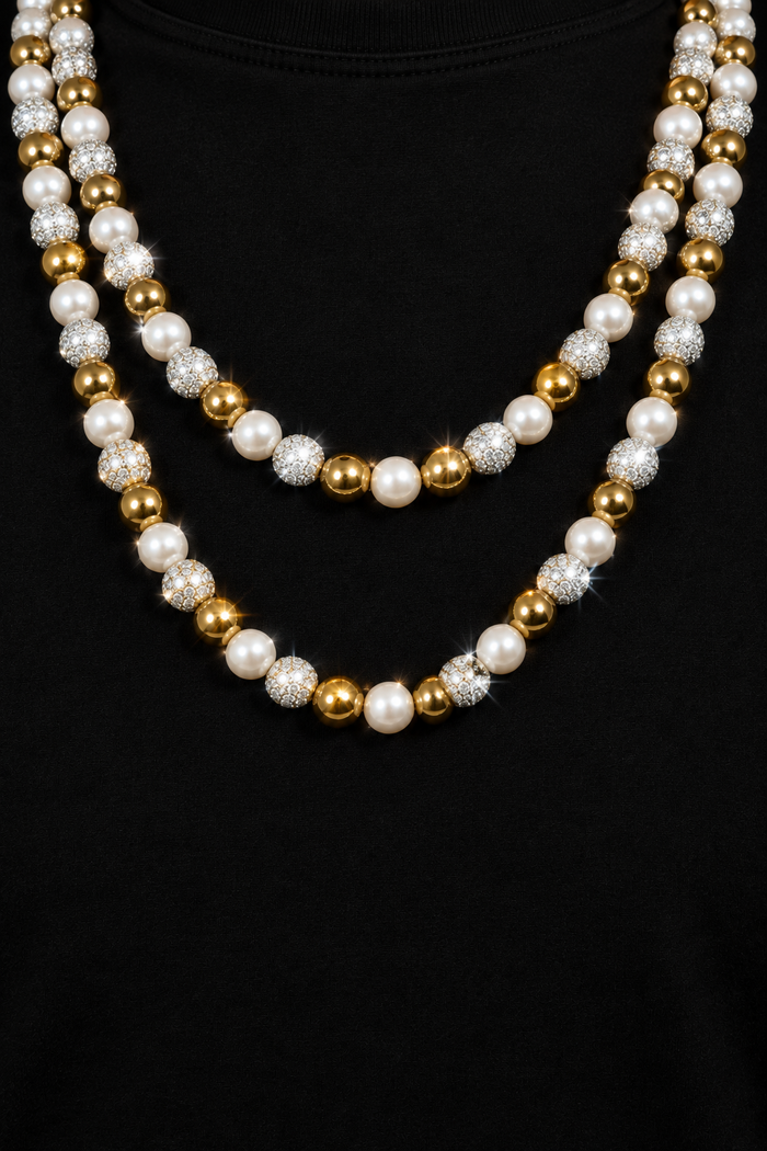 CZ Iced Out Pearl & Gold Bead Layered Necklace