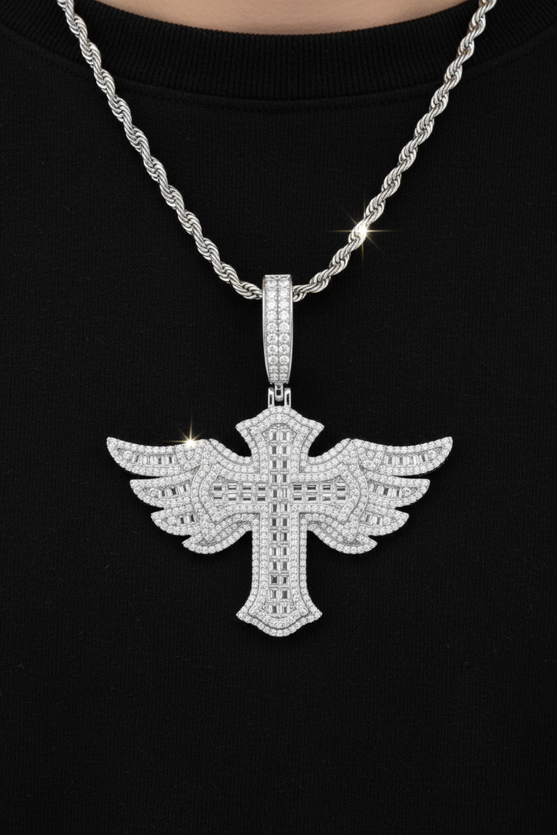 Moissanite VVS1 925 Silver Baguette Angel Cross Pendant