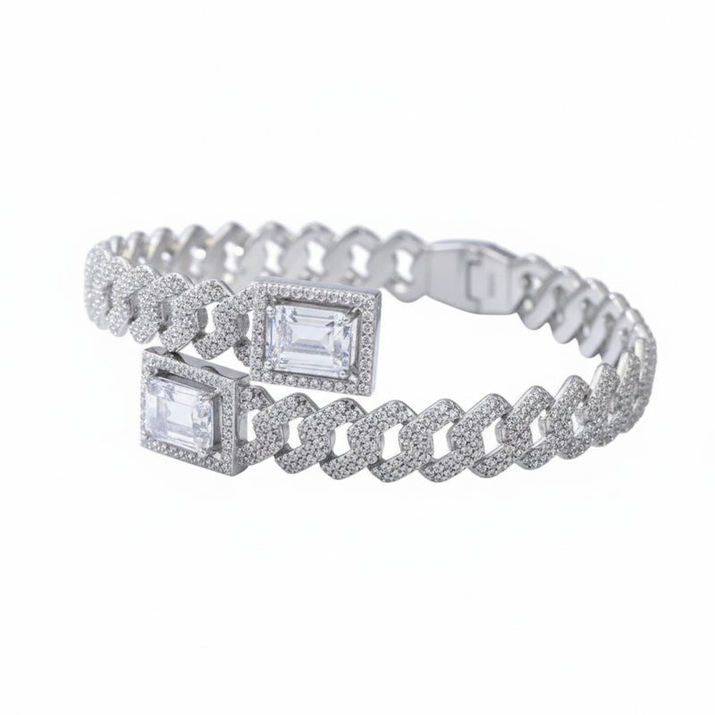 Moissanite VVS1 925 Silver Emerald Baguette Cuban Bangle Bracelet