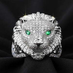 Moissanite VVS1 925 Silver Lion Head Ring with Emerald Eyes – Iced Ring