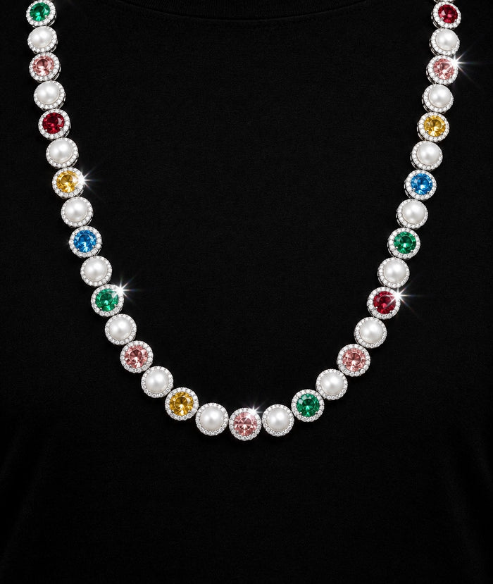 Moissanite VVS1 925 Silver Pearl & Multicolor Gem Tennis Necklace