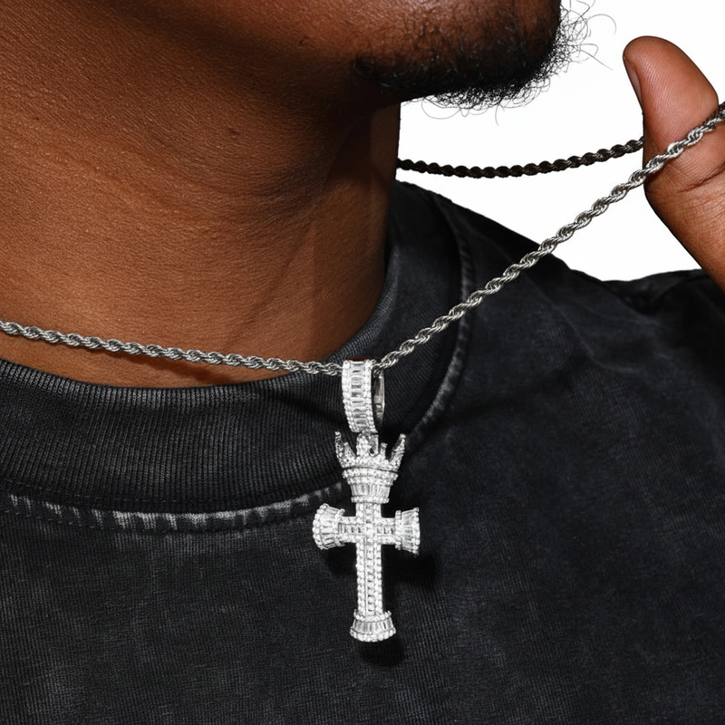 Moissanite VVS1 925 Silver Iced Baguette Crown Cross Pendant Necklace