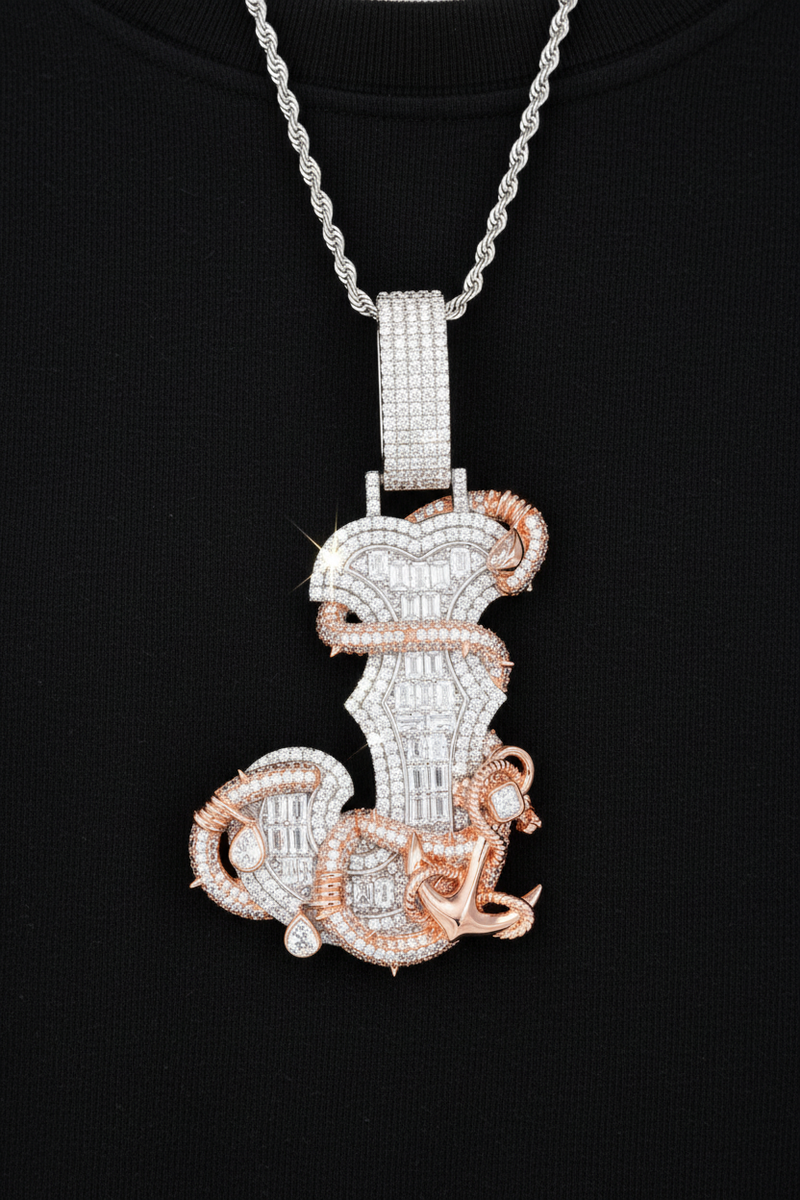 Moissanite VVS1 925 Silver Baguette Iced Two Tone J Initial Anchor Pendant