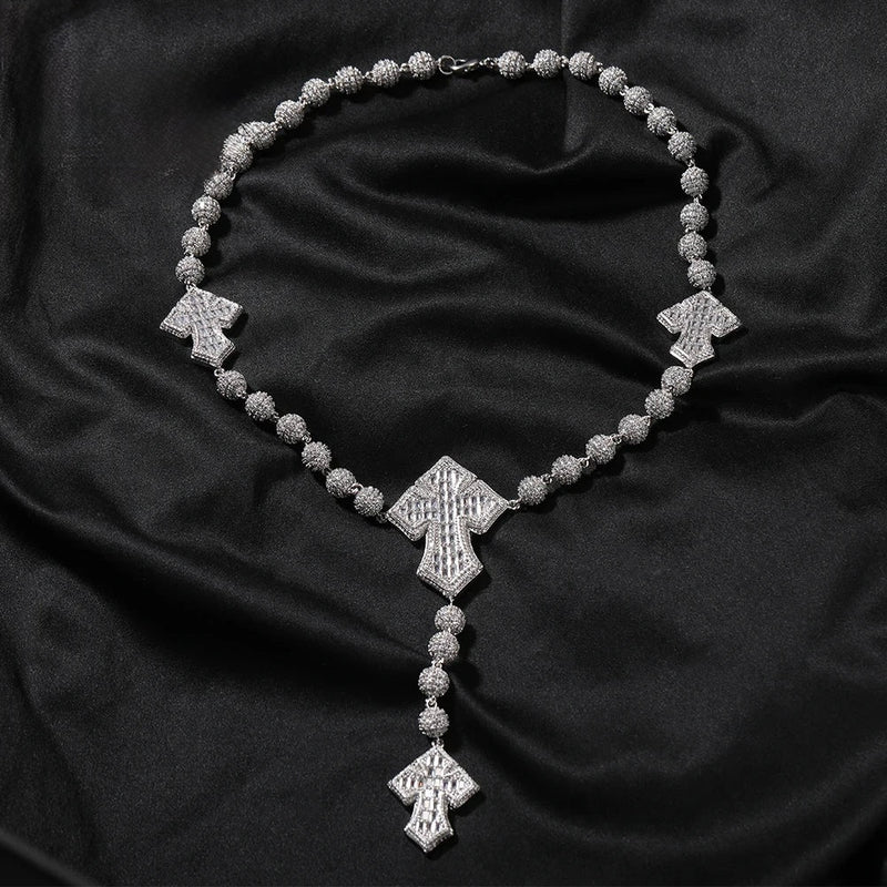 CZ Iced Baguette Cross Rosary Chain