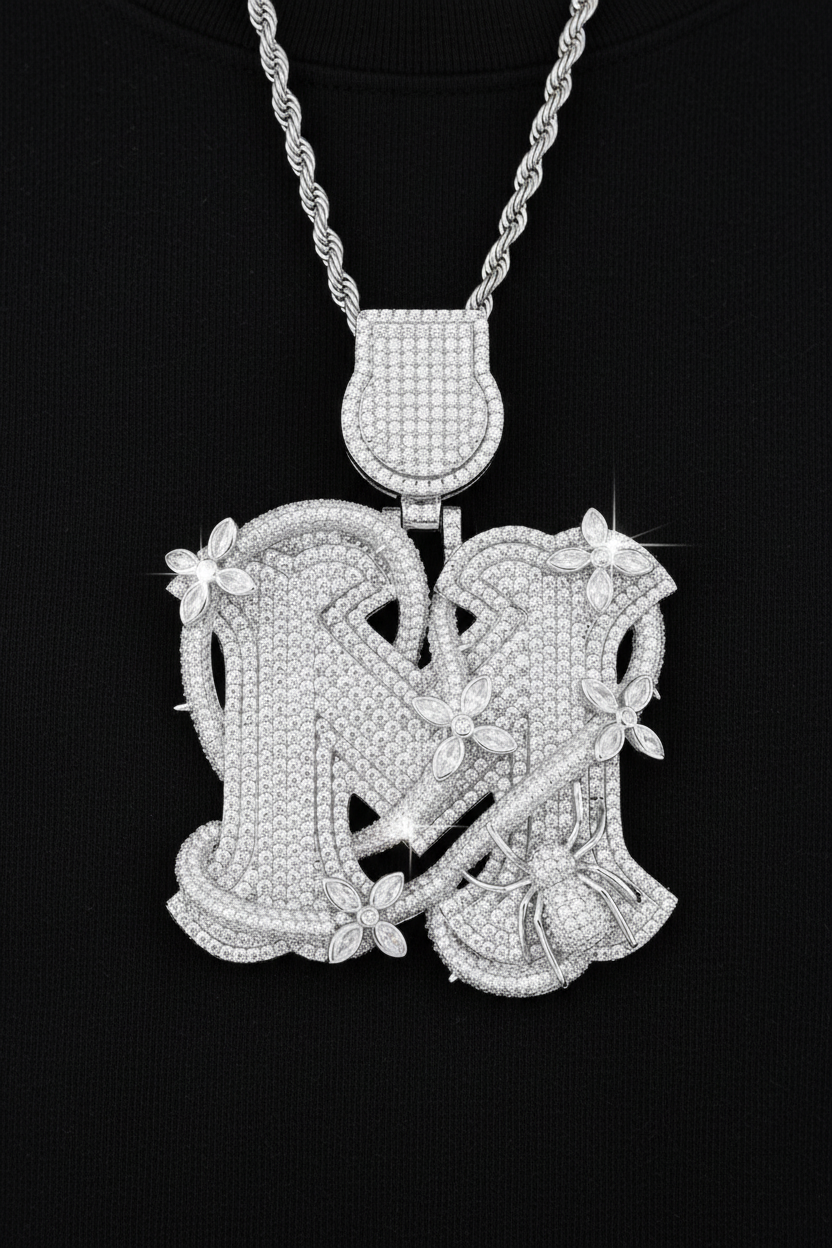 Moissanite VVS1 925 Silver M Initial Floral Spider Pendant