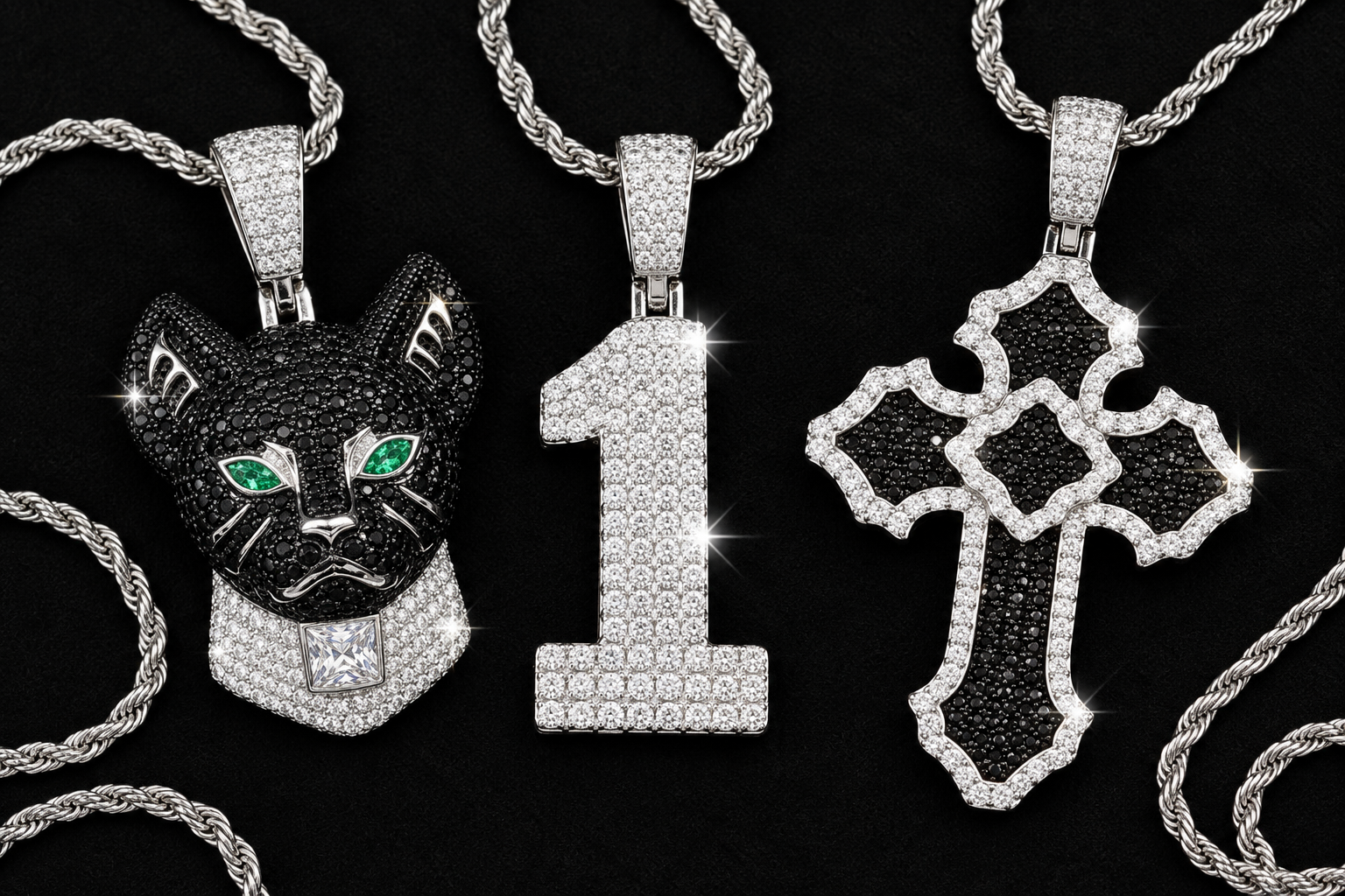 THEICEDROP statement pendants and rope chains displayed against a black background