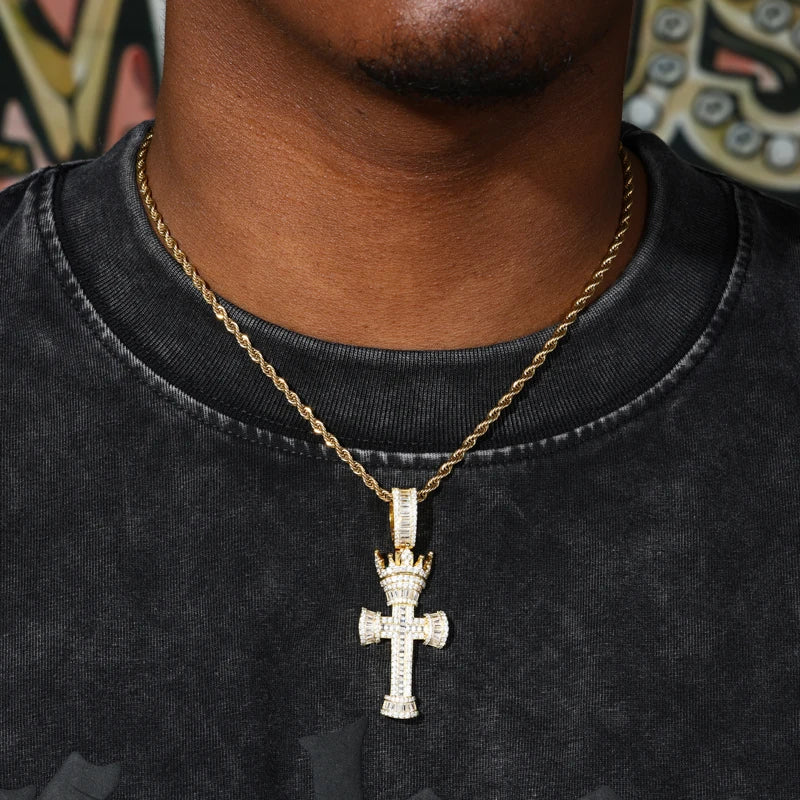 Moissanite VVS1 925 Silver Iced Baguette Crown Cross Pendant Necklace