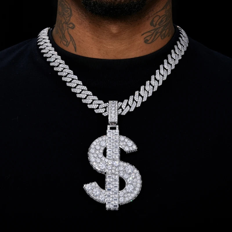 Moissanite VVS1 925 Silver Iced Dollar Sign Pendant