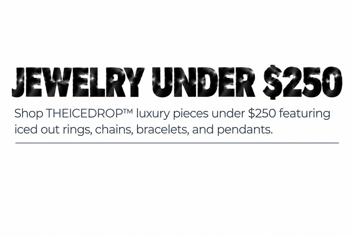THEICEDROP™ Jewelry Under $250 Banner – Metallic Black White Background