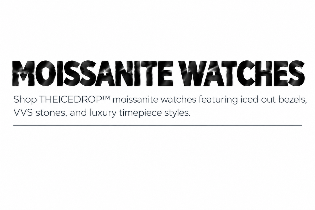 THEICEDROP™ Moissanite Watches Banner – Metallic Black White Background