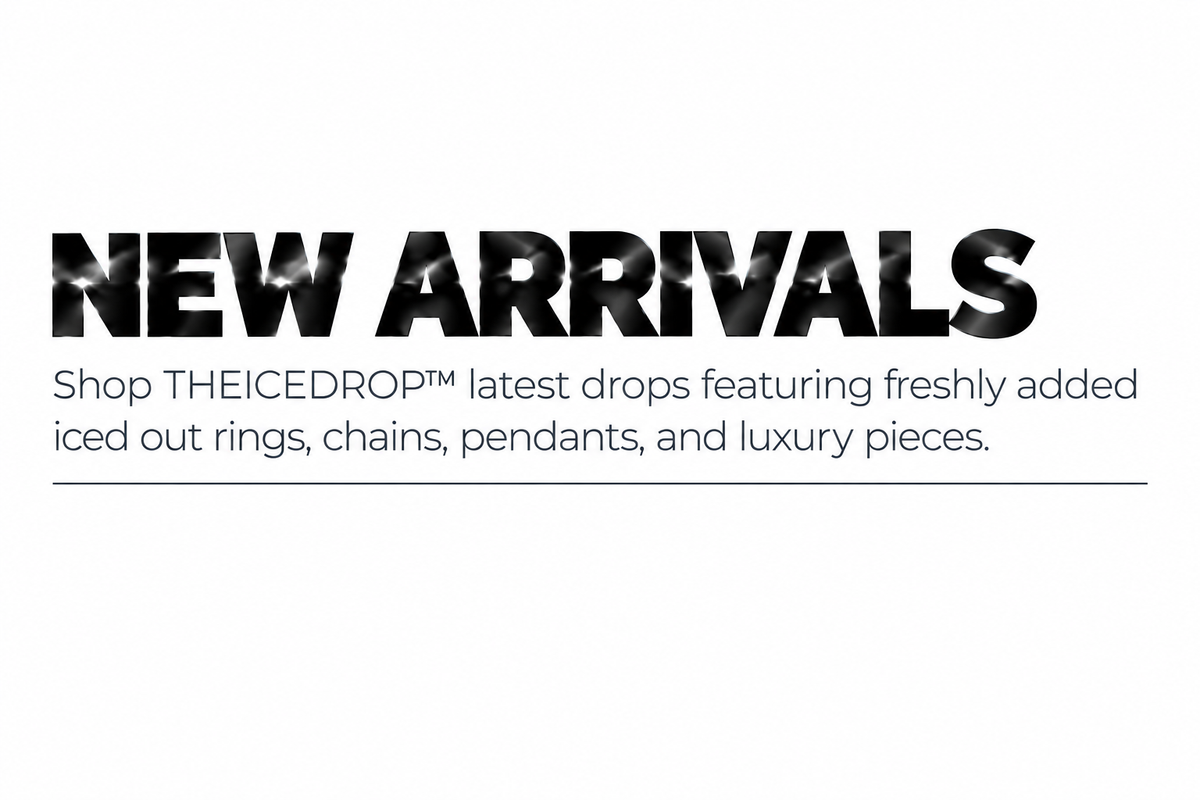 THEICEDROP™ New Arrivals Banner – Metallic Black White Background